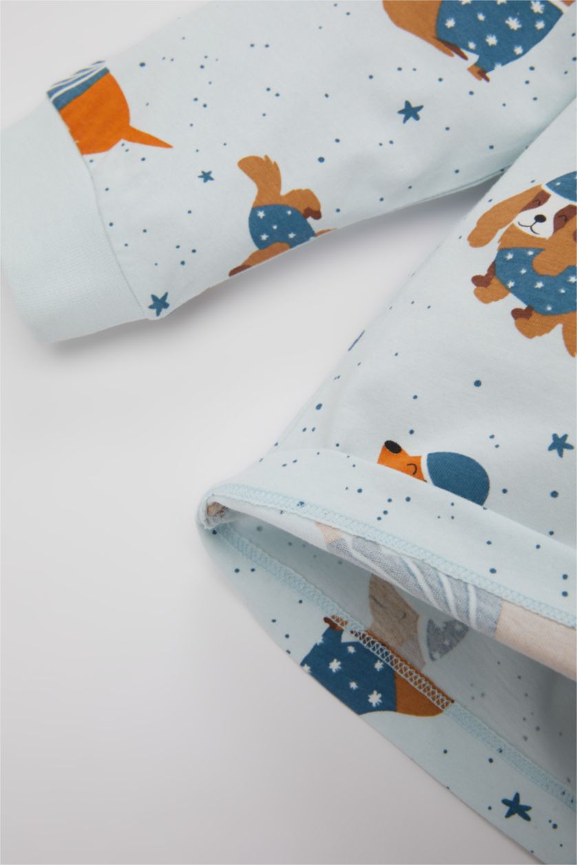Erkek Bebek Açık Mavi Erkek Bebek Pijama Takımı Penye Köpek Desenli Uzun Kollu Üst Beli Lastikli Uzun Alt
