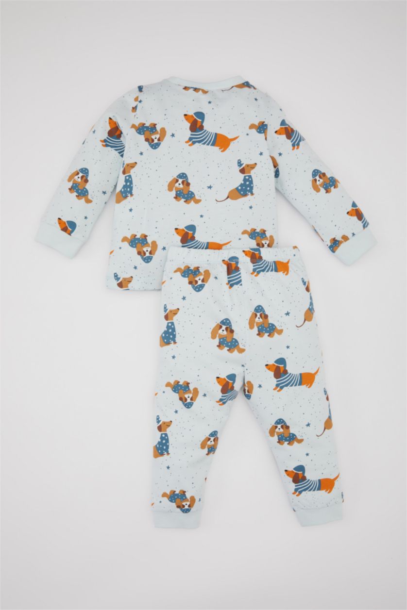 Erkek Bebek Açık Mavi Erkek Bebek Pijama Takımı Penye Köpek Desenli Uzun Kollu Üst Beli Lastikli Uzun Alt