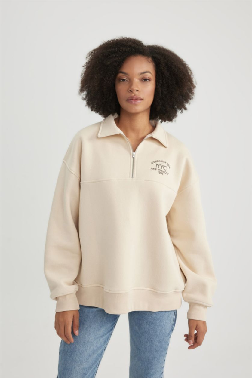 Kadın Bej Regular Fıt Kalın Kumaş Sweatshirt