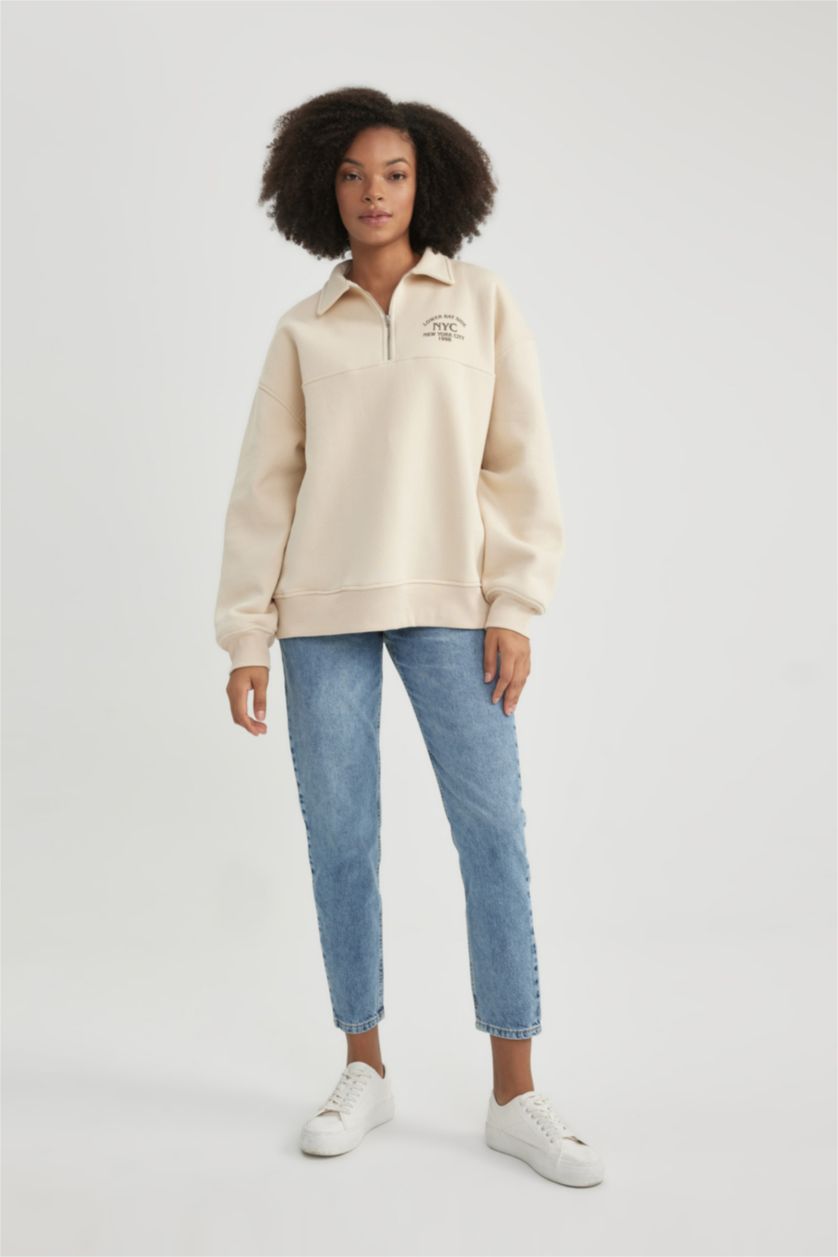 Kadın Bej Regular Fıt Kalın Kumaş Sweatshirt