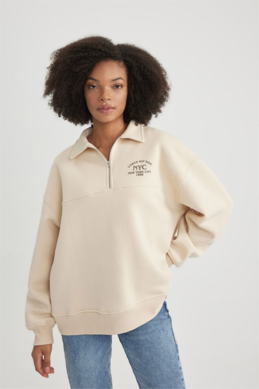 Kadın Bej Regular Fıt Kalın Kumaş Sweatshirt