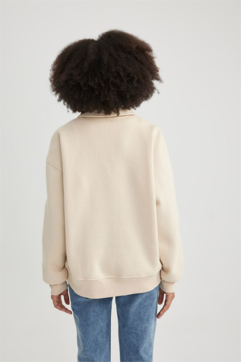 Kadın Bej Regular Fıt Kalın Kumaş Sweatshirt