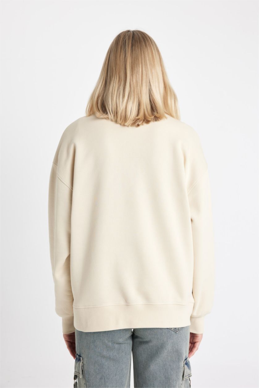 Kadın Bej Regular Fit Fermuarlı Polo Yaka Baskılı Kalın Sweatshirt