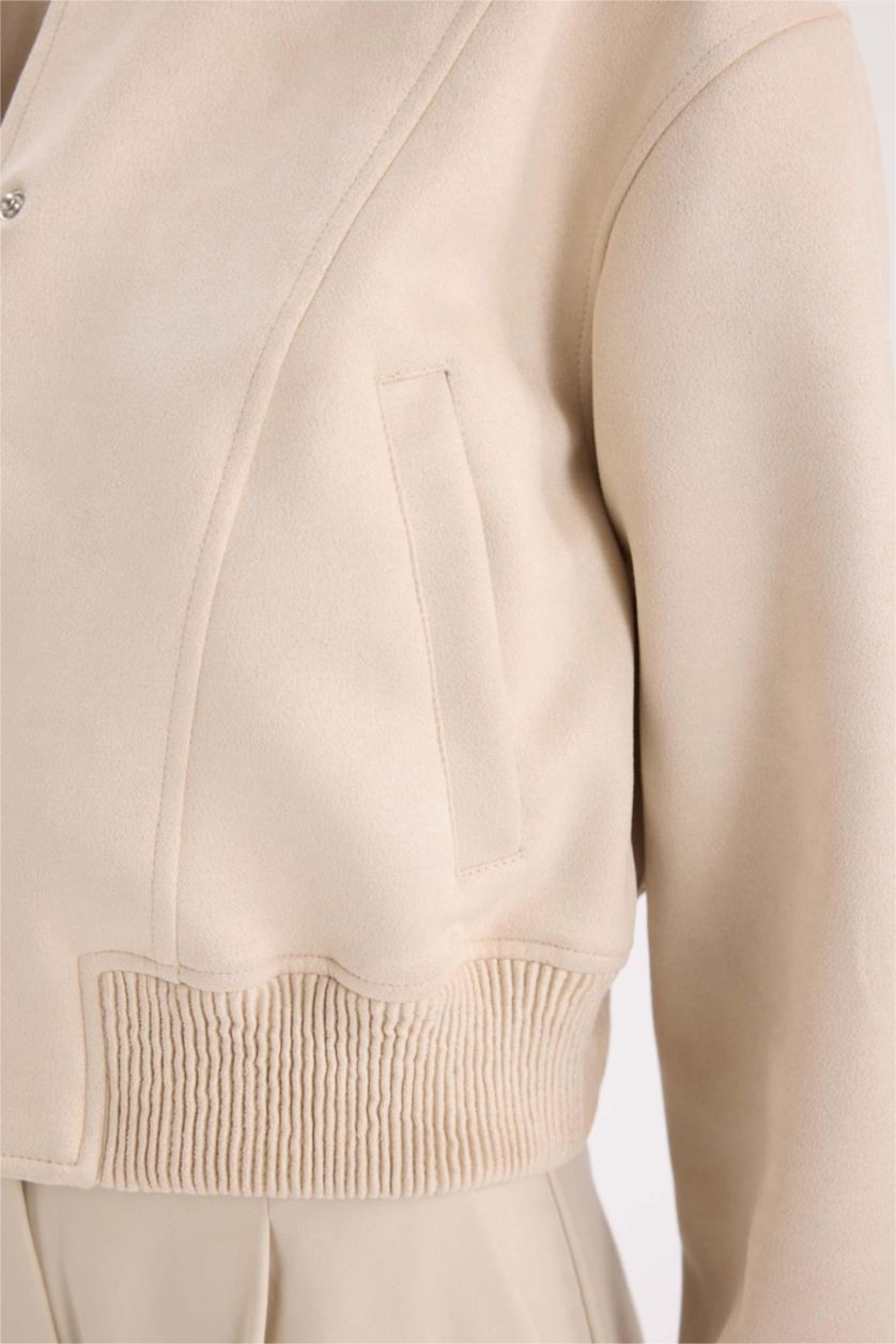 Kadın Ekru 	Kolej Yaka Bomber Mont Ceket Basic Düz Çıtçıtlı Süet