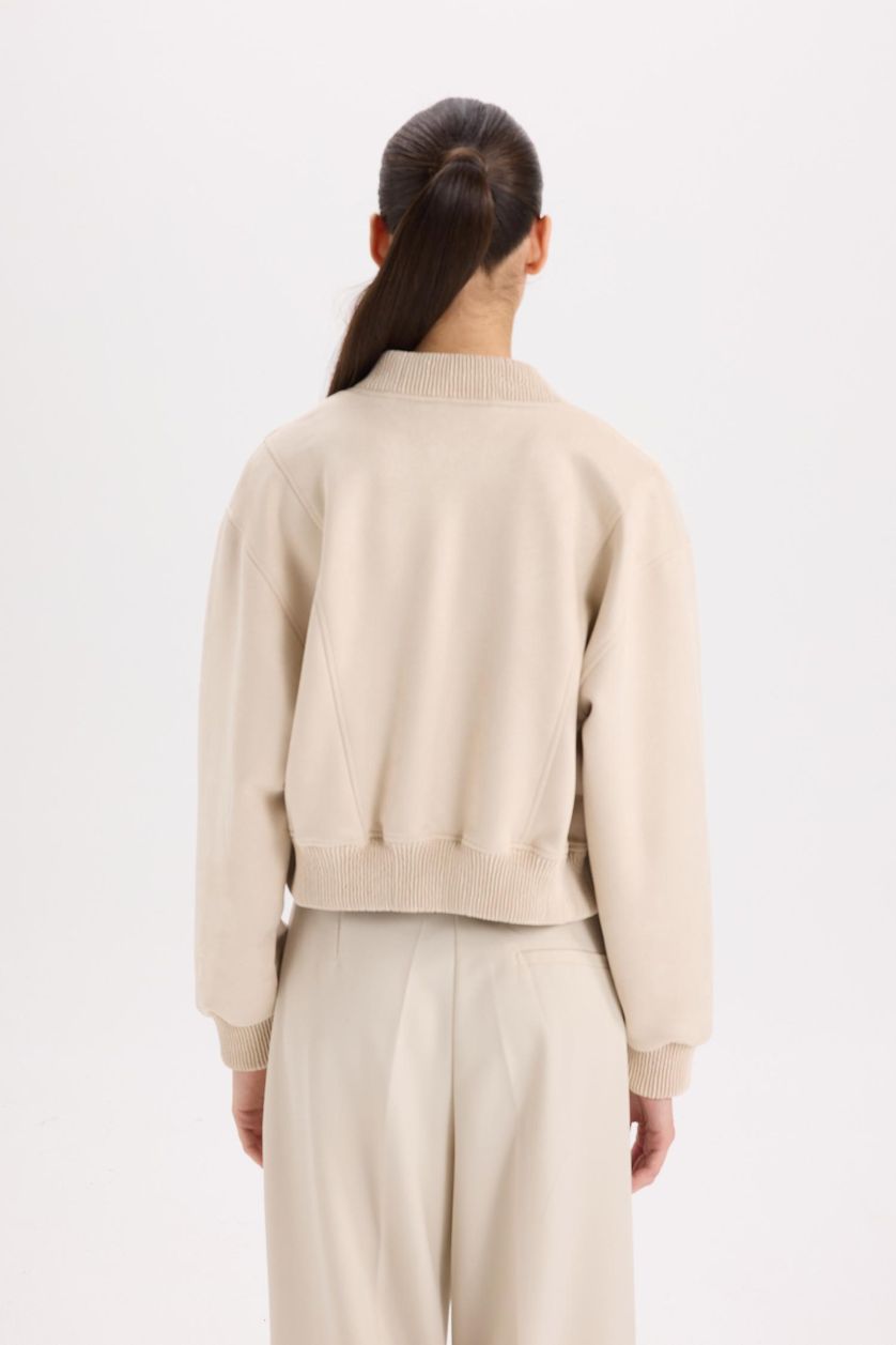 Kadın Ekru 	Kolej Yaka Bomber Mont Ceket Basic Düz Çıtçıtlı Süet