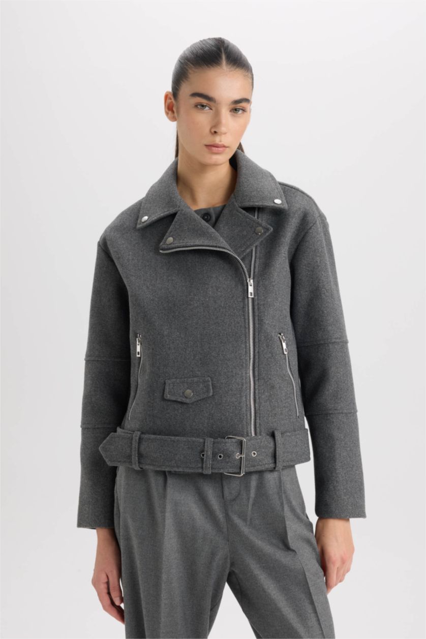 WOMAN Anthracite Regular Fit Collar Pocket Belted Zippered Short Cachet Jacket