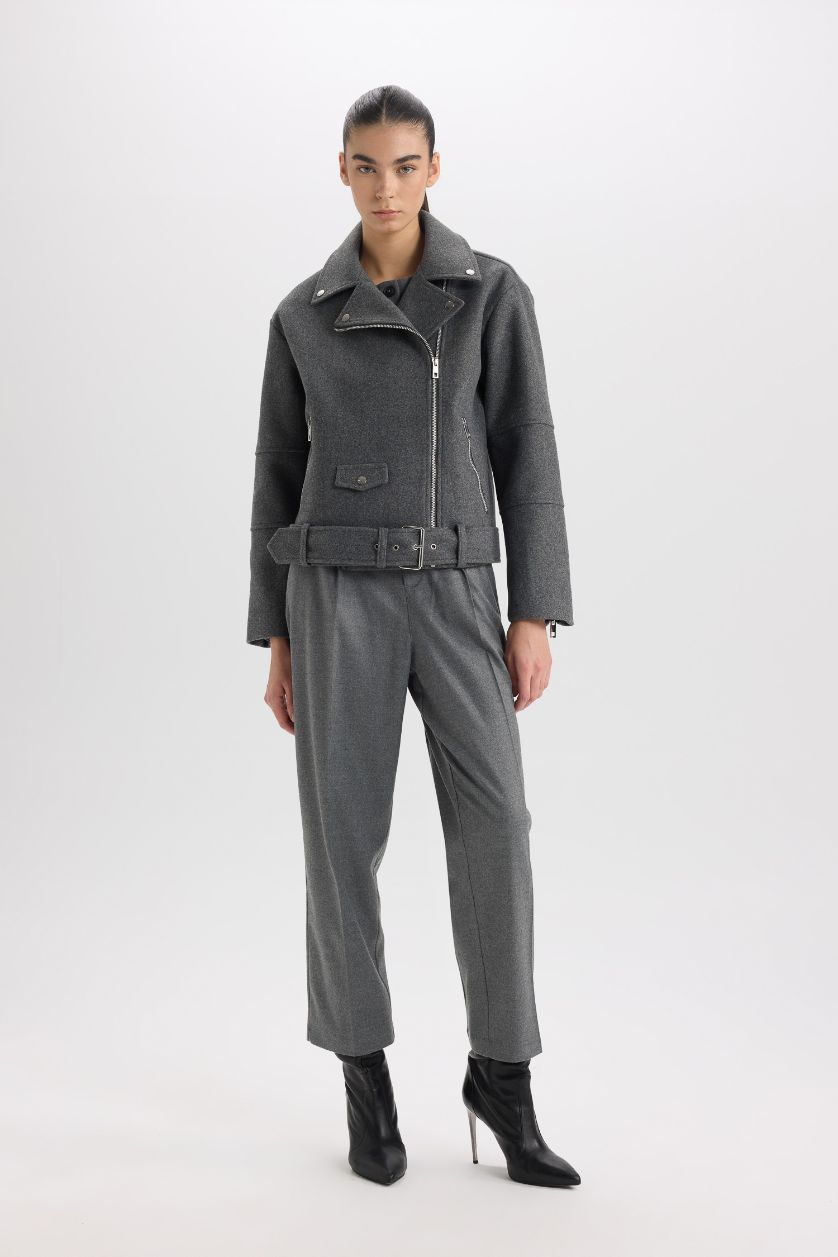 WOMAN Anthracite Regular Fit Collar Pocket Belted Zippered Short Cachet Jacket