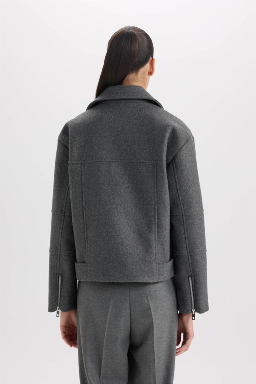 WOMAN Anthracite Regular Fit Collar Pocket Belted Zippered Short Cachet Jacket