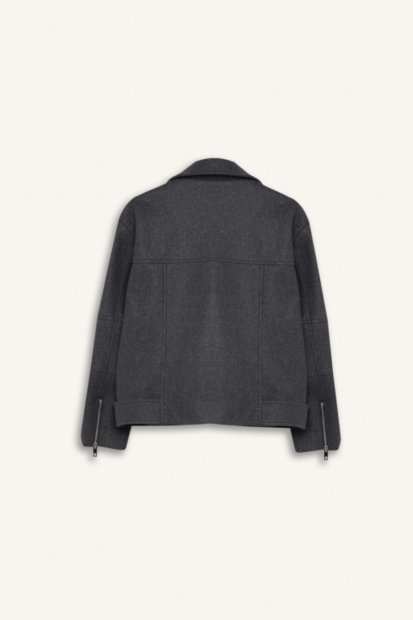 WOMAN Anthracite Regular Fit Collar Pocket Belted Zippered Short Cachet Jacket