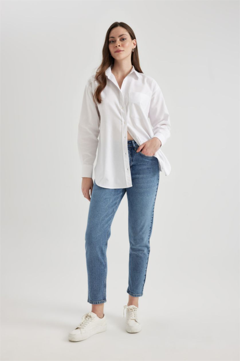 حريمي أزرق بنطلون جينز موم فيت بخصر عالي