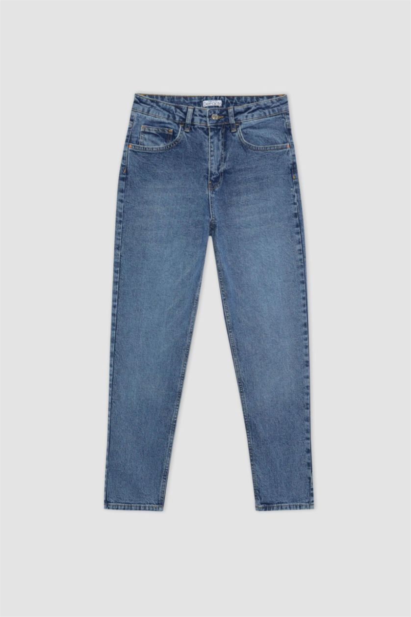 حريمي أزرق بنطلون جينز موم فيت بخصر عالي