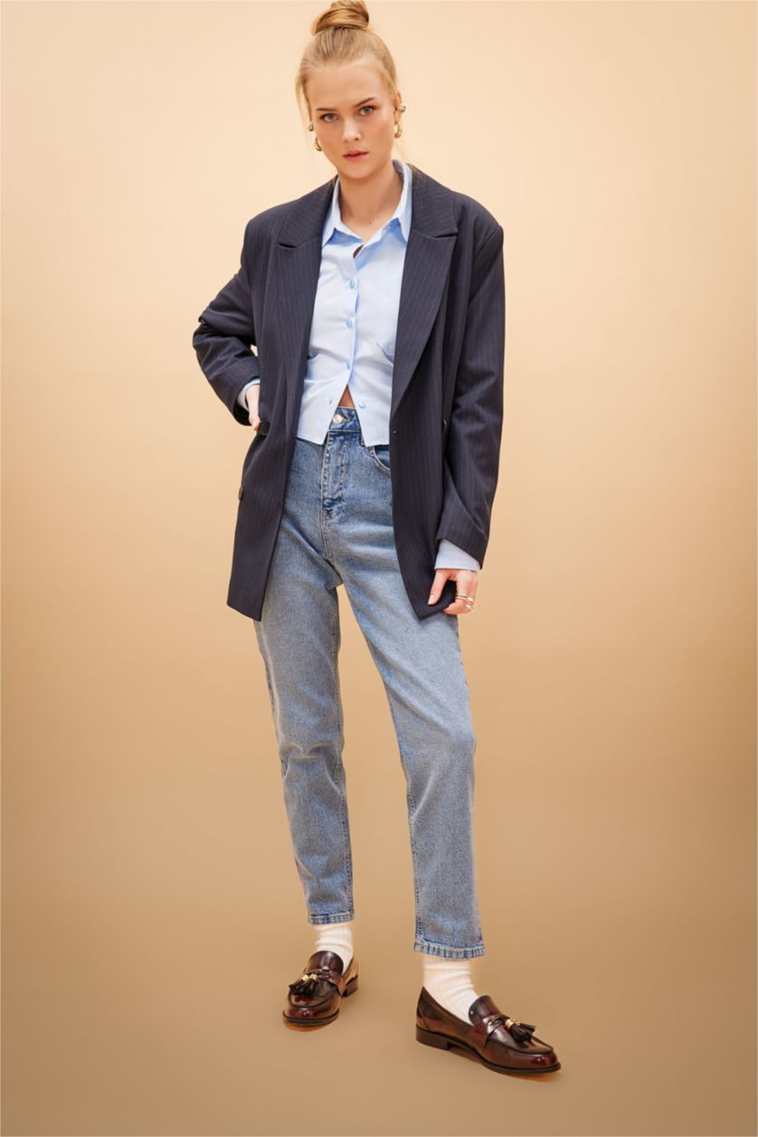 حريمي أزرق بنطلون جينز موم فيت بخصر عالي