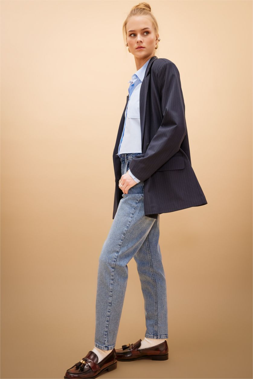 حريمي أزرق بنطلون جينز موم فيت بخصر عالي