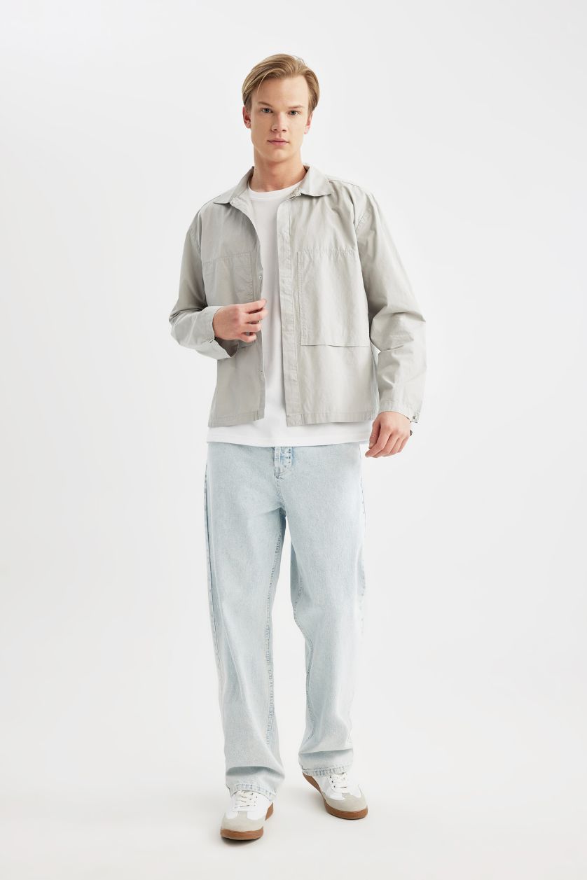 Erkek Açık Gri %100 Pamuk Relax Fit Uzun Kollu Paraşüt Gömlek