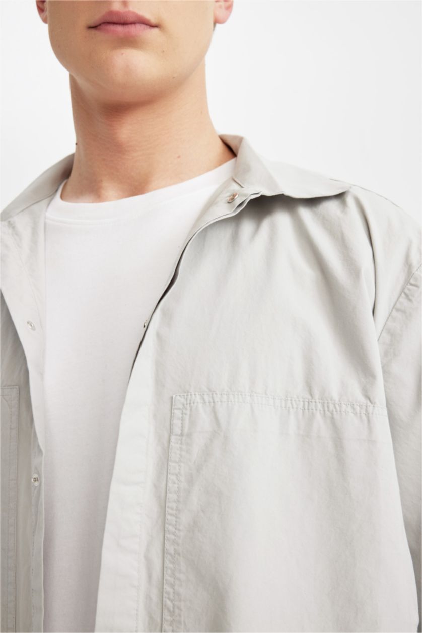 Erkek Açık Gri %100 Pamuk Relax Fit Uzun Kollu Paraşüt Gömlek