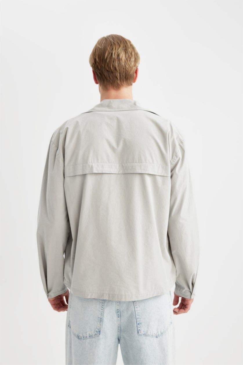 Erkek Açık Gri %100 Pamuk Relax Fit Uzun Kollu Paraşüt Gömlek