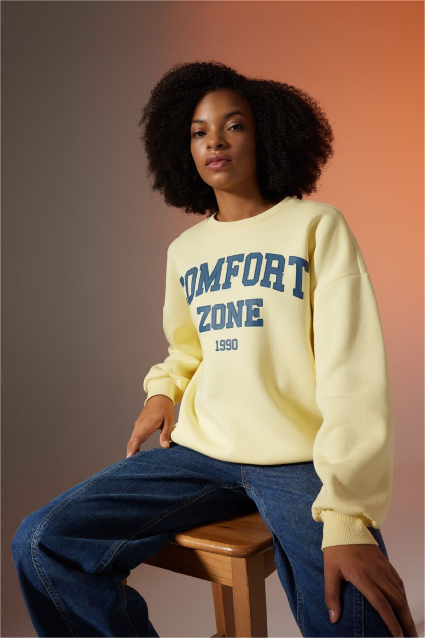 WOMAN Light Yellow Oversize Fit Crew Neck Printed Thick Fabric Sweatshirt