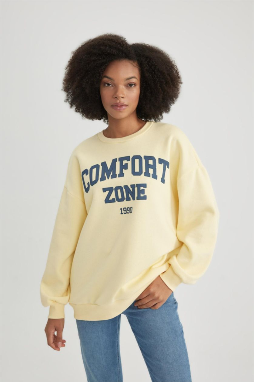 WOMAN Light Yellow Oversize Fit Crew Neck Printed Thick Fabric Sweatshirt