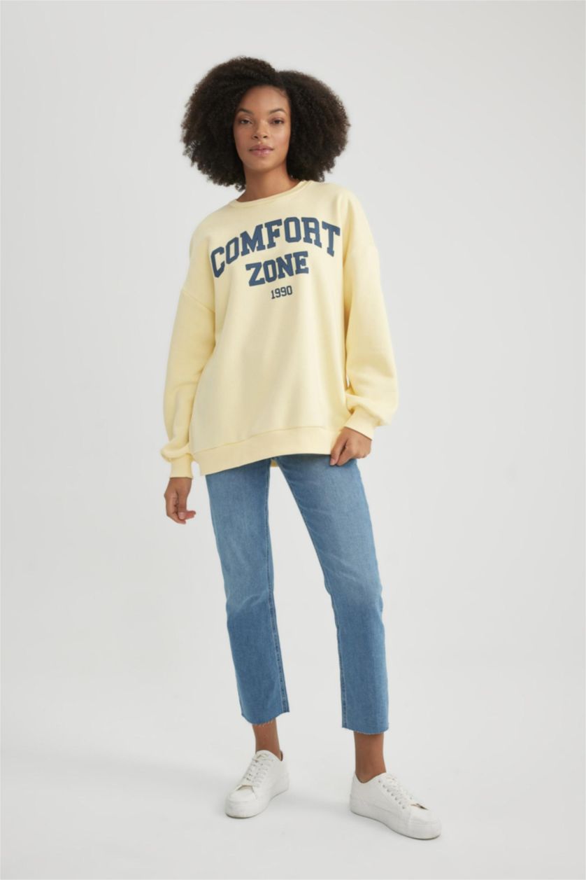 WOMAN Light Yellow Oversize Fit Crew Neck Printed Thick Fabric Sweatshirt