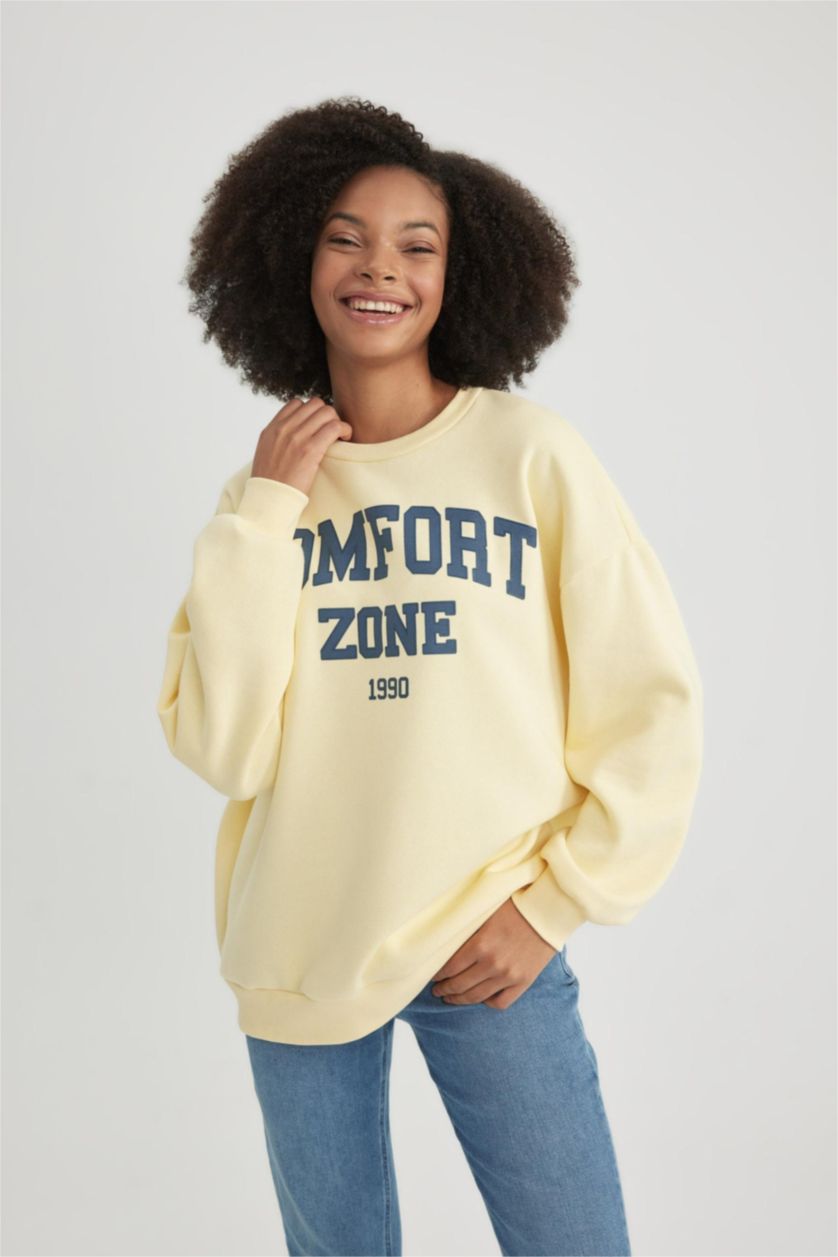 WOMAN Light Yellow Oversize Fit Crew Neck Printed Thick Fabric Sweatshirt