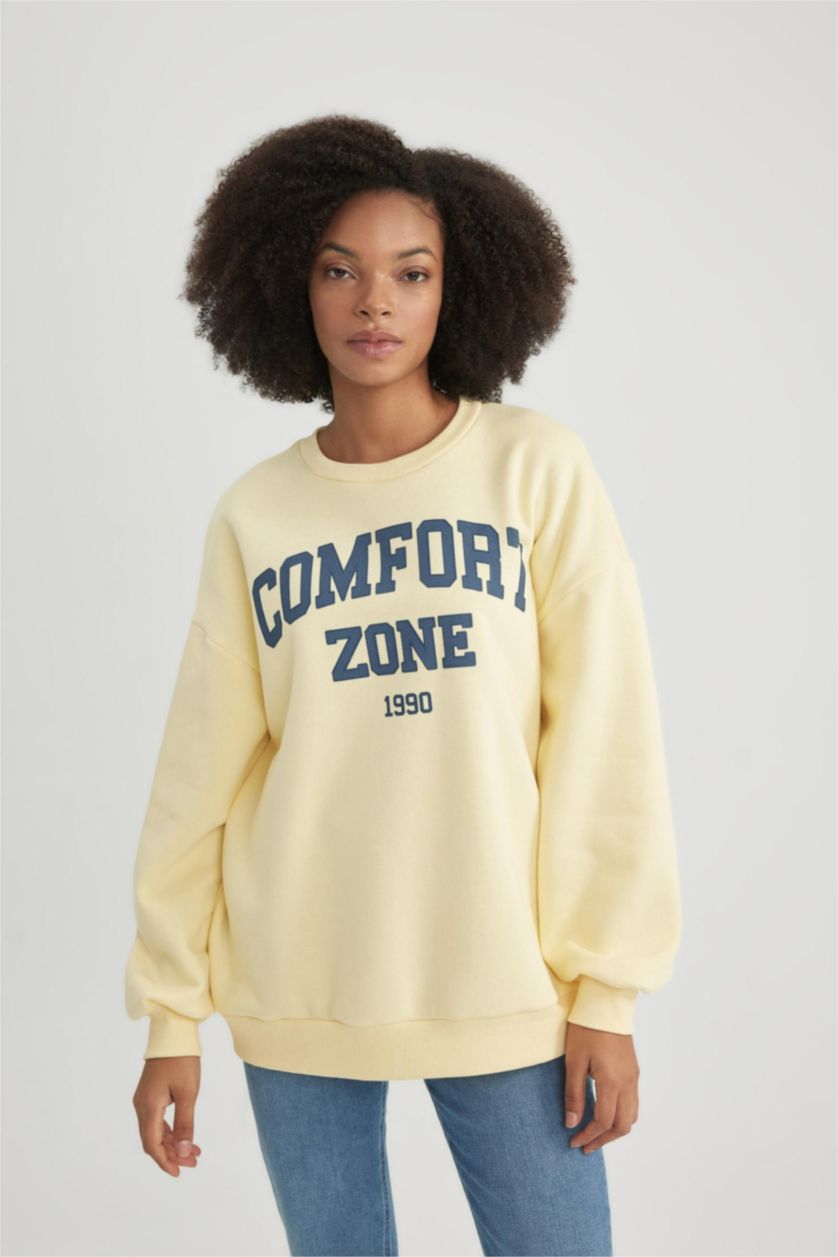 WOMAN Light Yellow Oversize Fit Crew Neck Printed Thick Fabric Sweatshirt