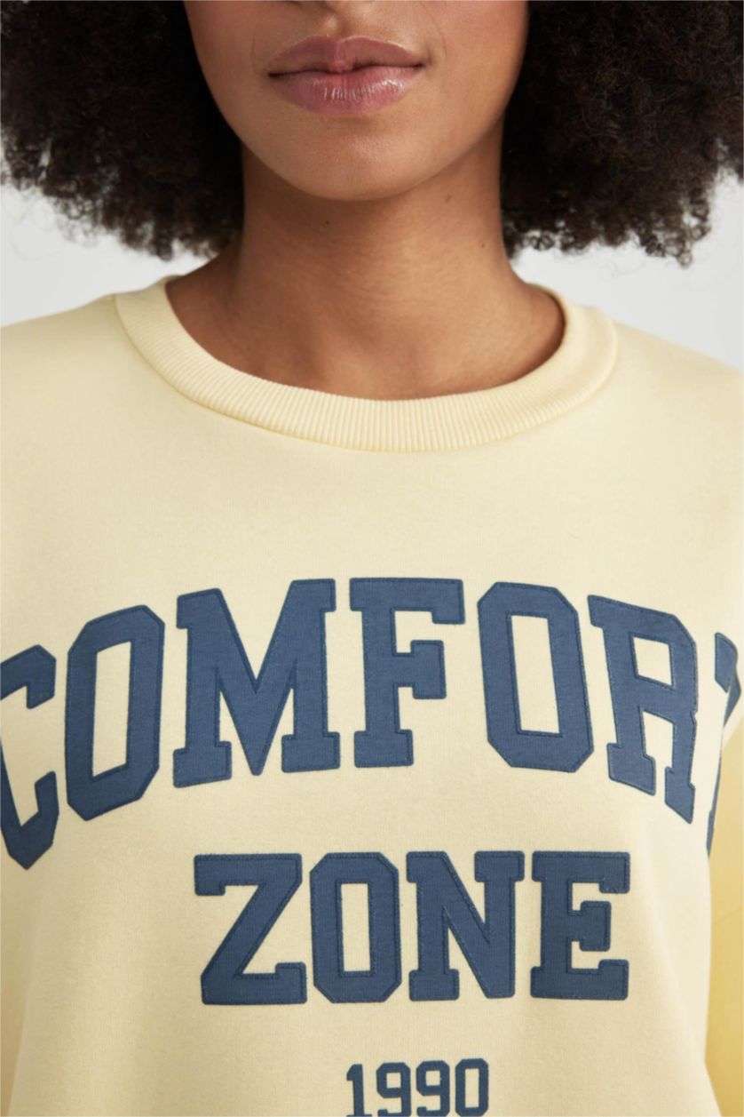 WOMAN Light Yellow Oversize Fit Crew Neck Printed Thick Fabric Sweatshirt