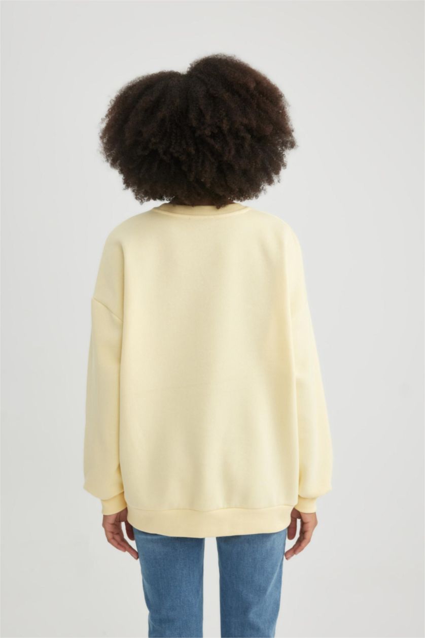 WOMAN Light Yellow Oversize Fit Crew Neck Printed Thick Fabric Sweatshirt