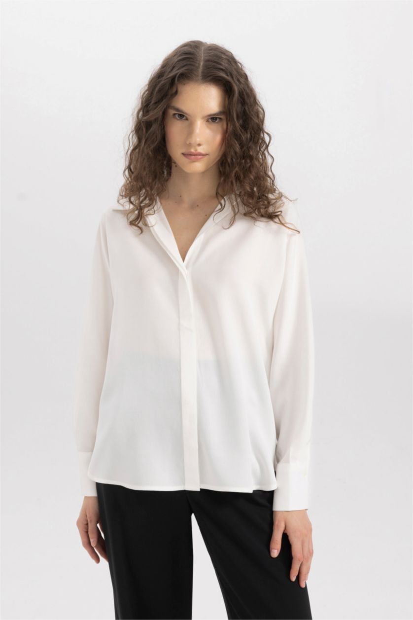 WOMAN White Loose Fit Shirt Collar Sensual Long Sleeve Shirt