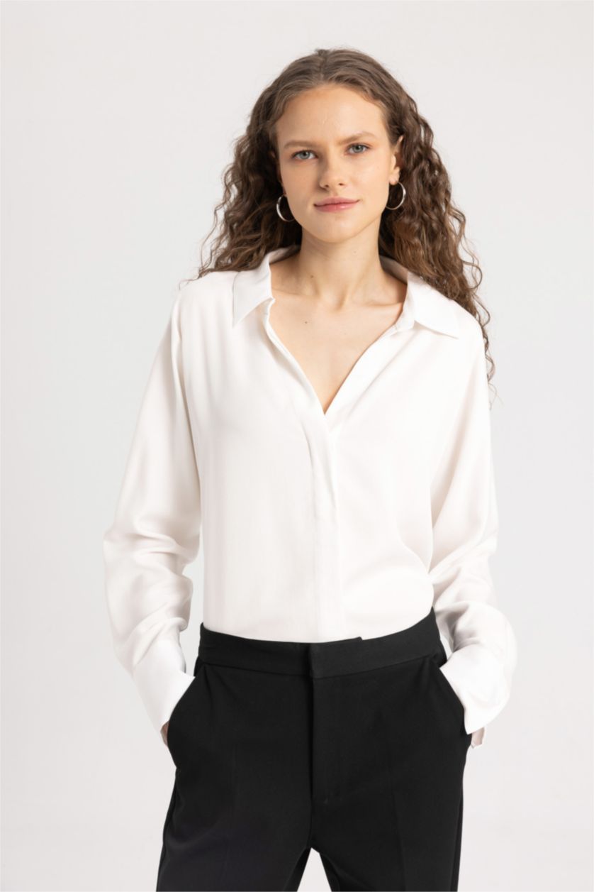 WOMAN White Loose Fit Sensual Long Sleeve Shirt