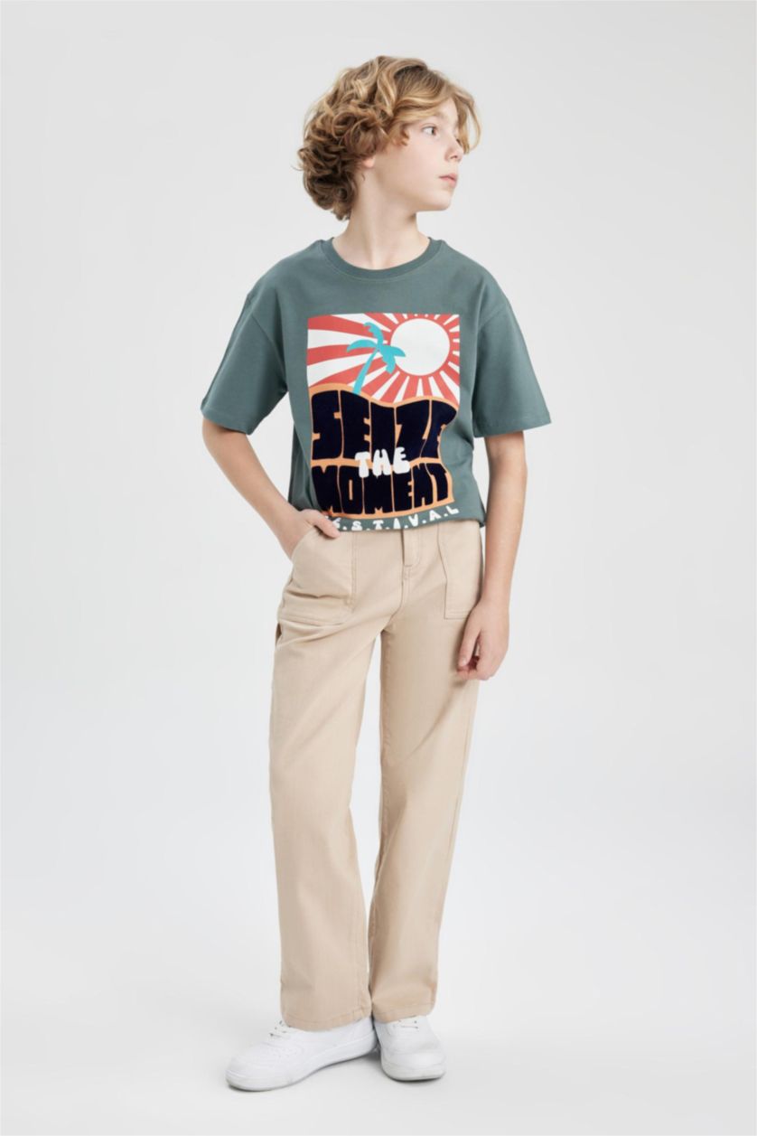 Erkek Çocuk - Genç Erkek Yeşil Oversize Geniş Kalıp Bisiklet Yaka Baskılı Kısa Kollu Tişört Erkek Çocuk