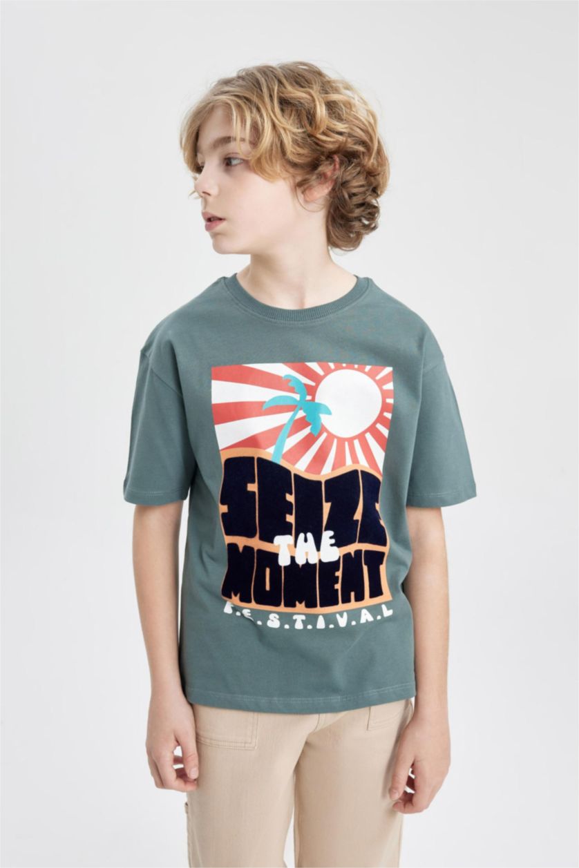 Erkek Çocuk - Genç Erkek Yeşil Oversize Geniş Kalıp Bisiklet Yaka Baskılı Kısa Kollu Tişört Erkek Çocuk