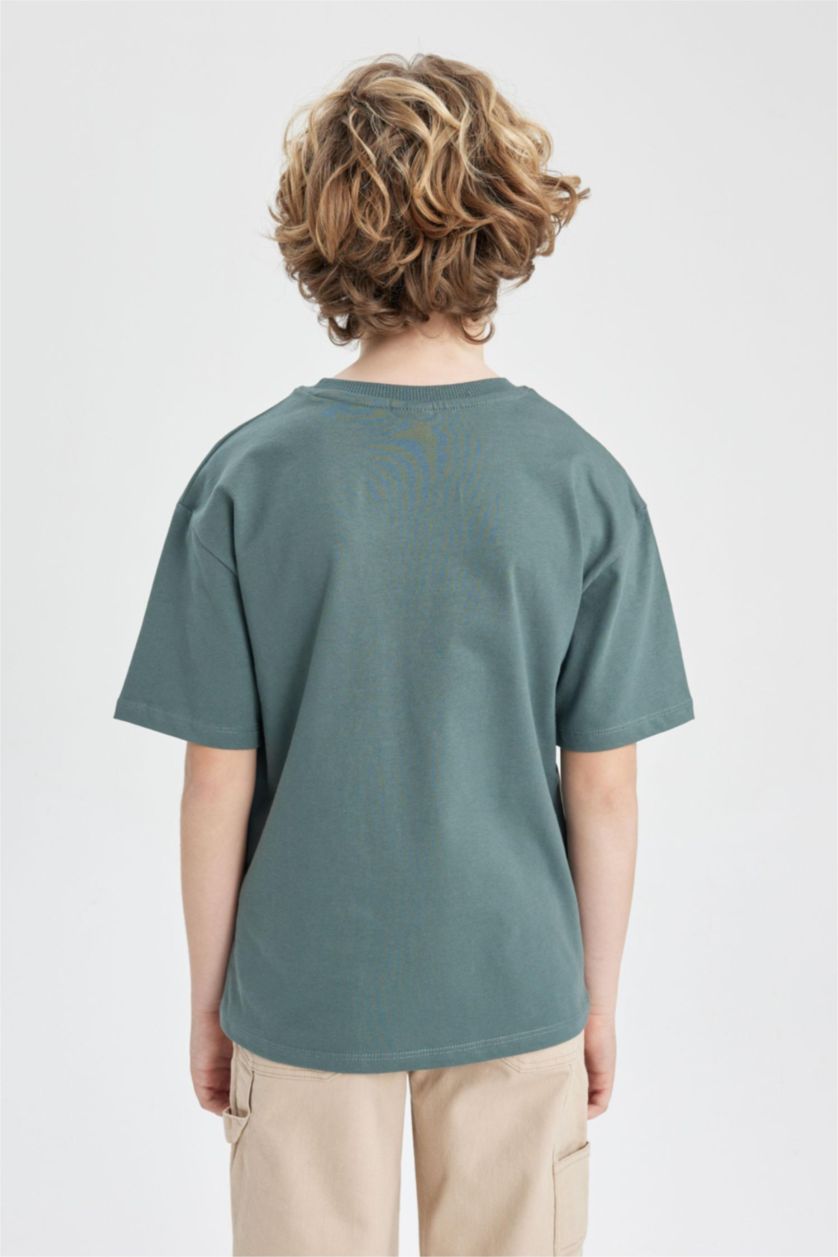 Erkek Çocuk - Genç Erkek Yeşil Oversize Geniş Kalıp Bisiklet Yaka Baskılı Kısa Kollu Tişört Erkek Çocuk