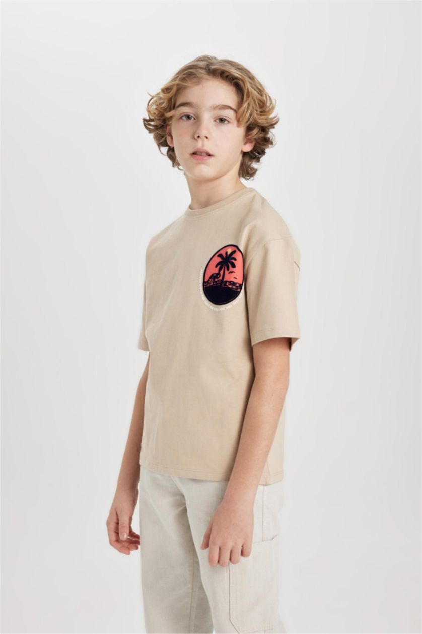 Erkek Çocuk - Genç Erkek Bej Oversize Geniş Kalıp Bisiklet Yaka Baskılı Kısa Kollu Tişört Erkek Çocuk