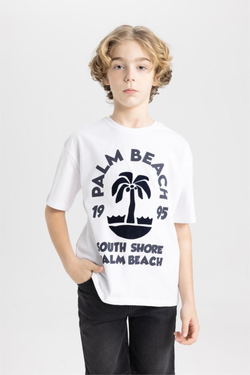 Boys & Teens White Boy Oversize  Crew Neck Printed T-Shirt