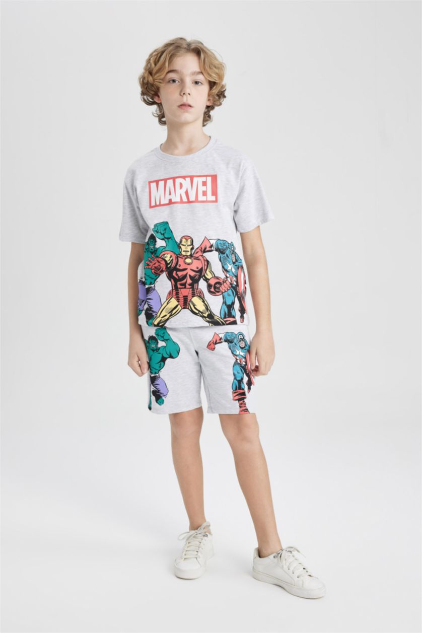 Erkek Çocuk - Genç Erkek Optik Gri Melanj Erkek Çocuk Marvel Comics 2'li Takım Bisiklet Yaka Kısa Kollu Tişört Şort