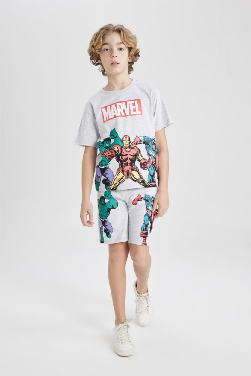 Erkek Çocuk - Genç Erkek Optik Gri Melanj Erkek Çocuk Marvel Comics 2'li Takım Bisiklet Yaka Kısa Kollu Tişört Şort