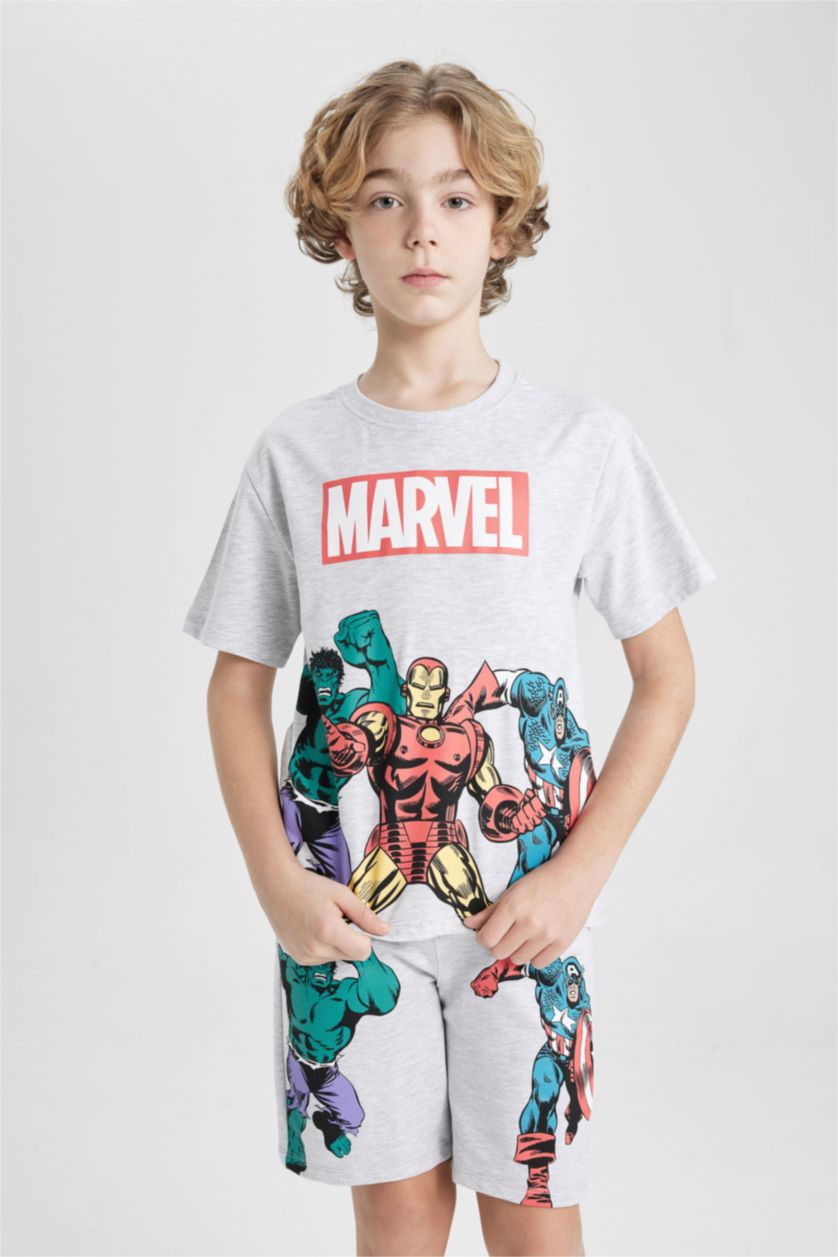 Erkek Çocuk - Genç Erkek Optik Gri Melanj Erkek Çocuk Marvel Comics 2'li Takım Bisiklet Yaka Kısa Kollu Tişört Şort