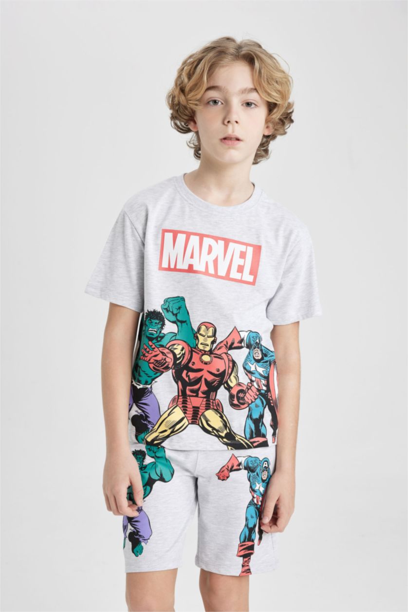 Erkek Çocuk - Genç Erkek Optik Gri Melanj Erkek Çocuk Marvel Comics 2'li Takım Bisiklet Yaka Kısa Kollu Tişört Şort