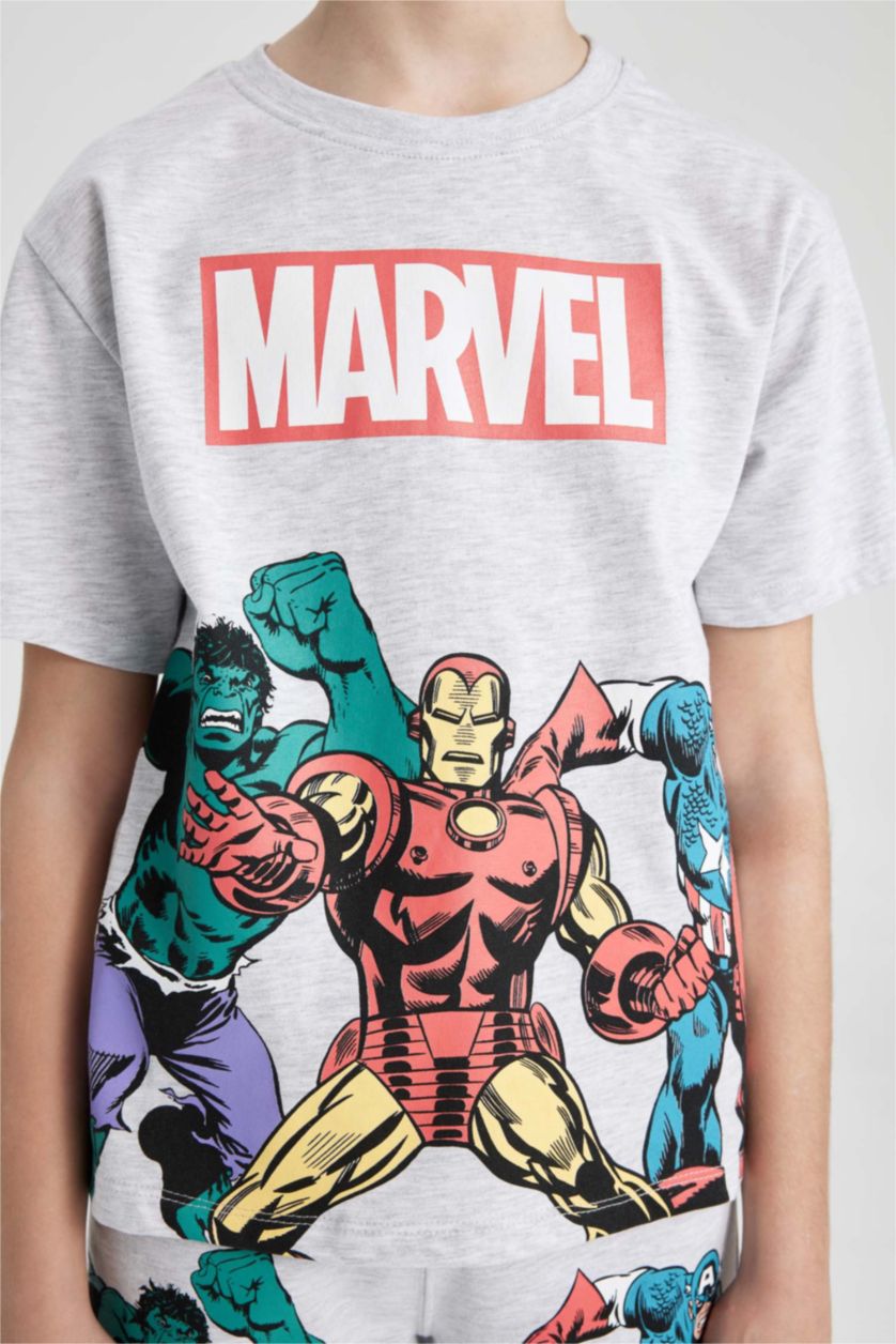 Erkek Çocuk - Genç Erkek Optik Gri Melanj Erkek Çocuk Marvel Comics 2'li Takım Bisiklet Yaka Kısa Kollu Tişört Şort