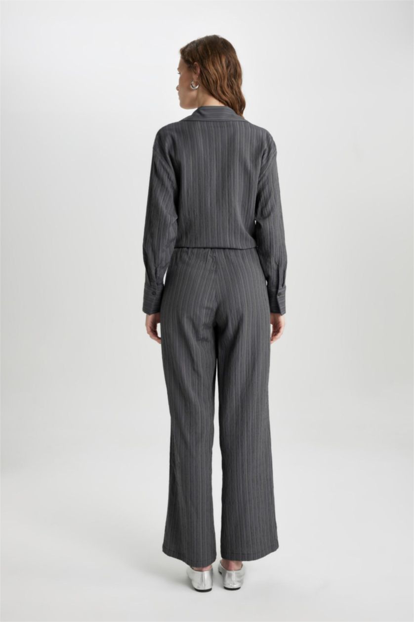 Kadın Koyu Gri Wide Leg Geniş Bol Paça Beli Lastikli Yüksek Bel Viskon Kumaş Pantolon