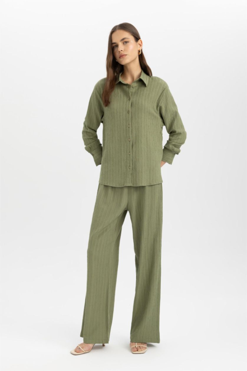 Kadın Haki Wide Leg Geniş Bol Paça Beli Lastikli Yüksek Bel Viskon Kumaş Pantolon