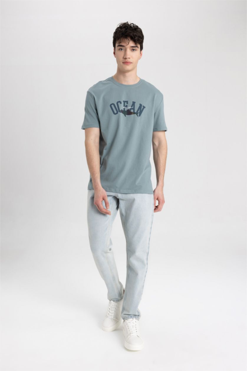 Erkek Mat Yeşil Regular Fit Bisiklet Yaka Baskılı Kısa Kollu Tişört