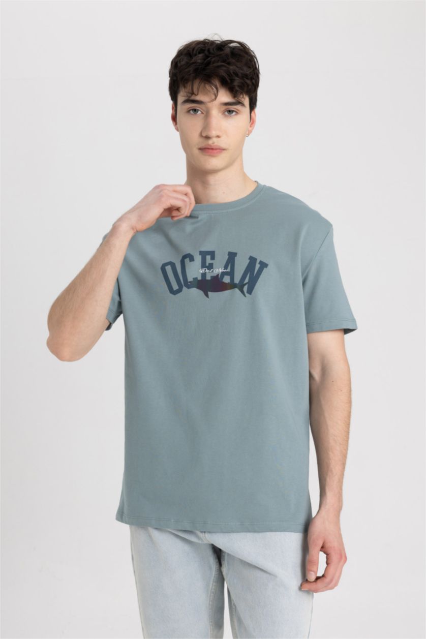 Erkek Mat Yeşil Regular Fit Bisiklet Yaka Baskılı Kısa Kollu Tişört