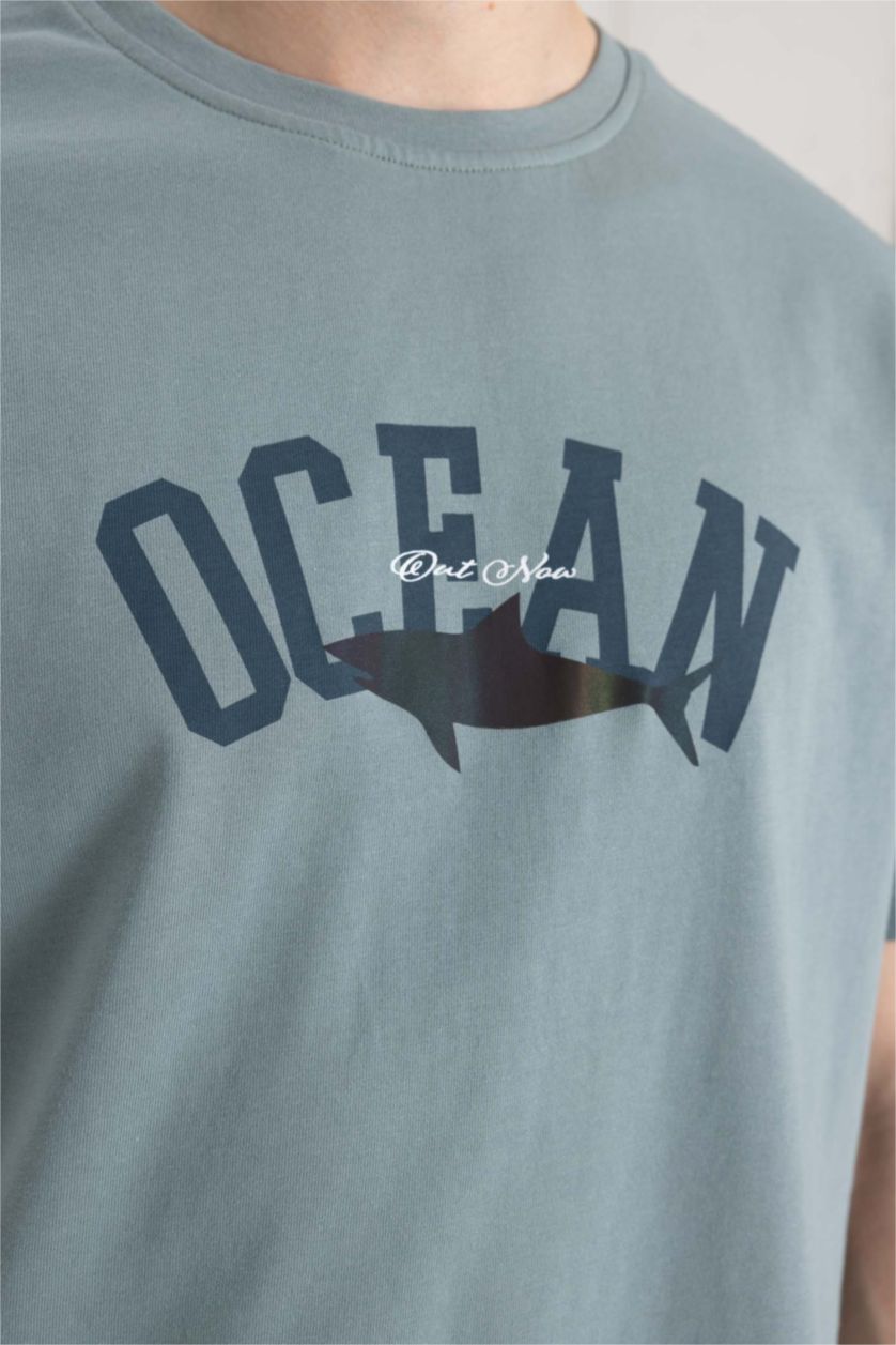 Erkek Mat Yeşil Regular Fit Bisiklet Yaka Baskılı Kısa Kollu Tişört