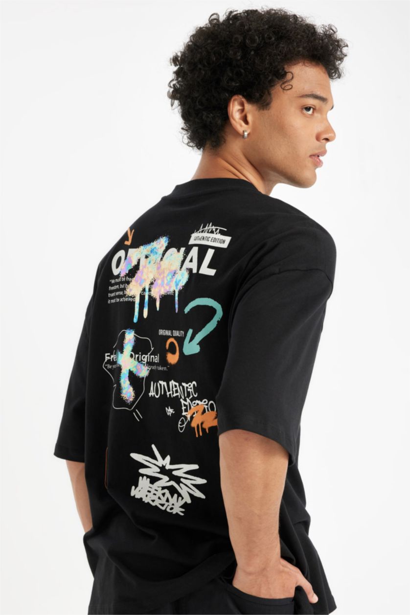 MAN Black Black Loose Fit Crew Neck Back Printed Cotton T-Shirt