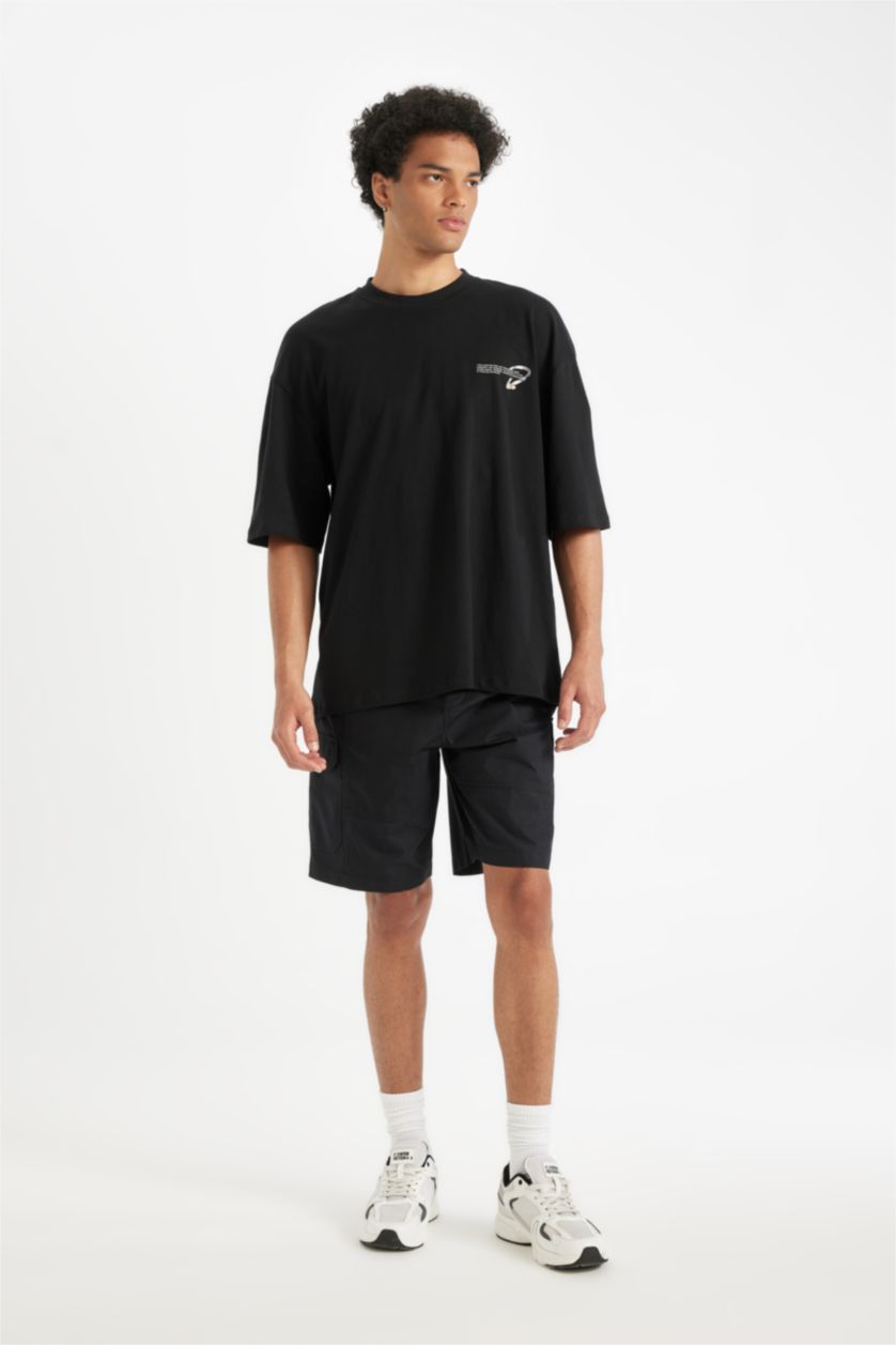 MAN Black Black Loose Fit Crew Neck Back Printed Cotton T-Shirt