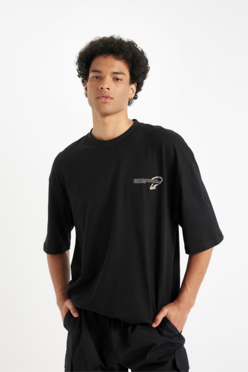 MAN Black Black Loose Fit Crew Neck Back Printed Cotton T-Shirt