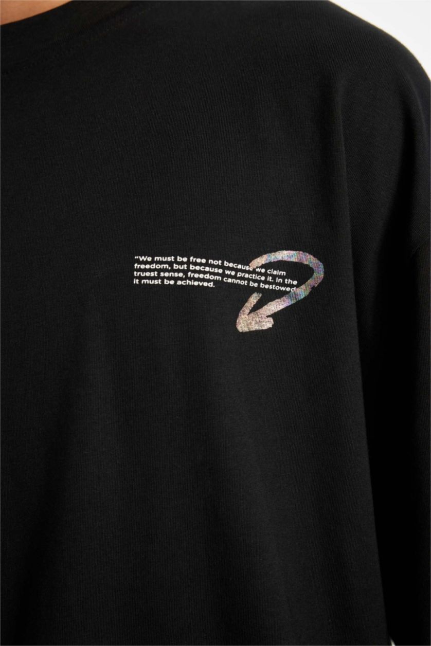 MAN Black Black Loose Fit Crew Neck Back Printed Cotton T-Shirt