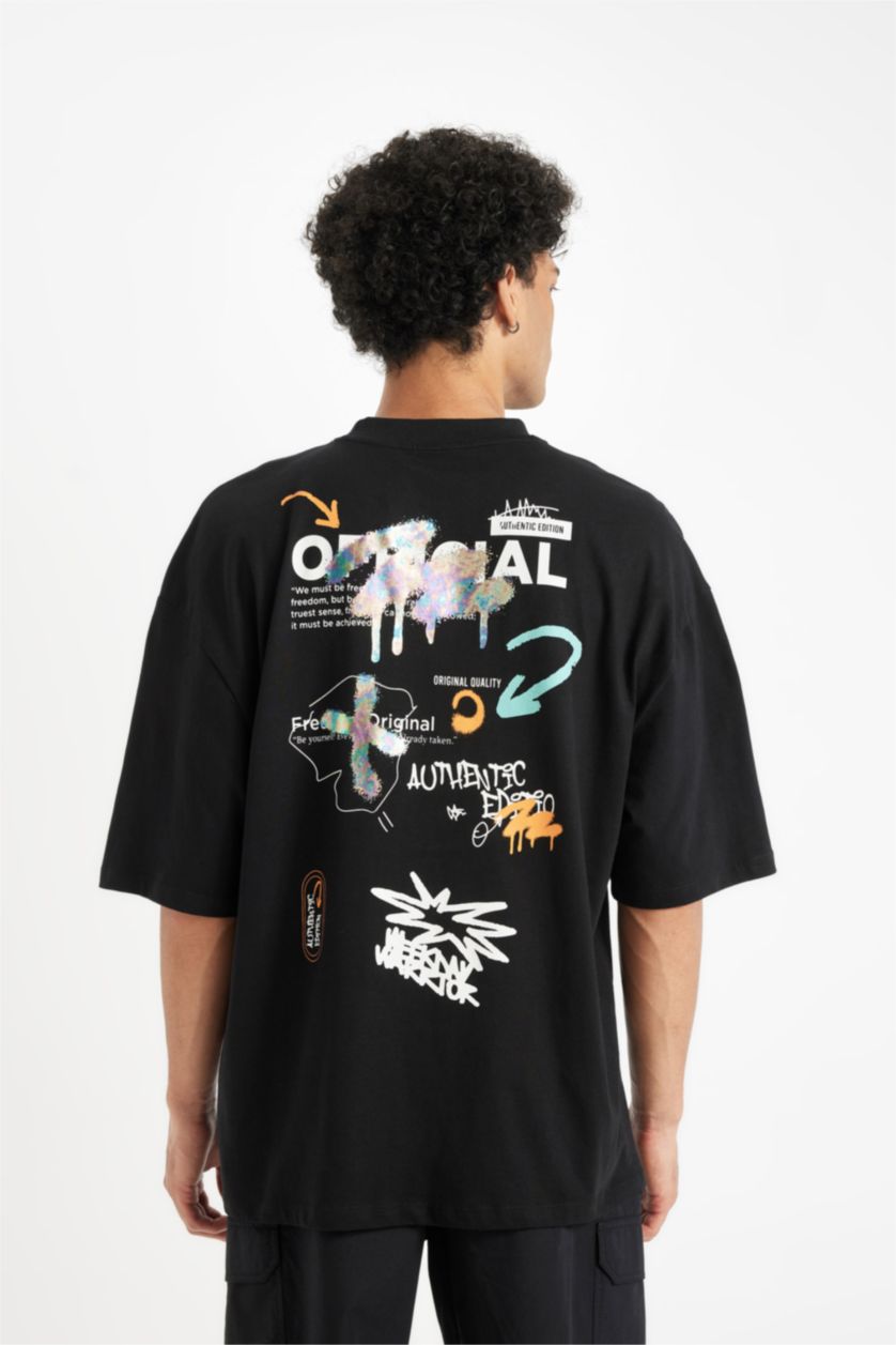 MAN Black Black Loose Fit Crew Neck Back Printed Cotton T-Shirt