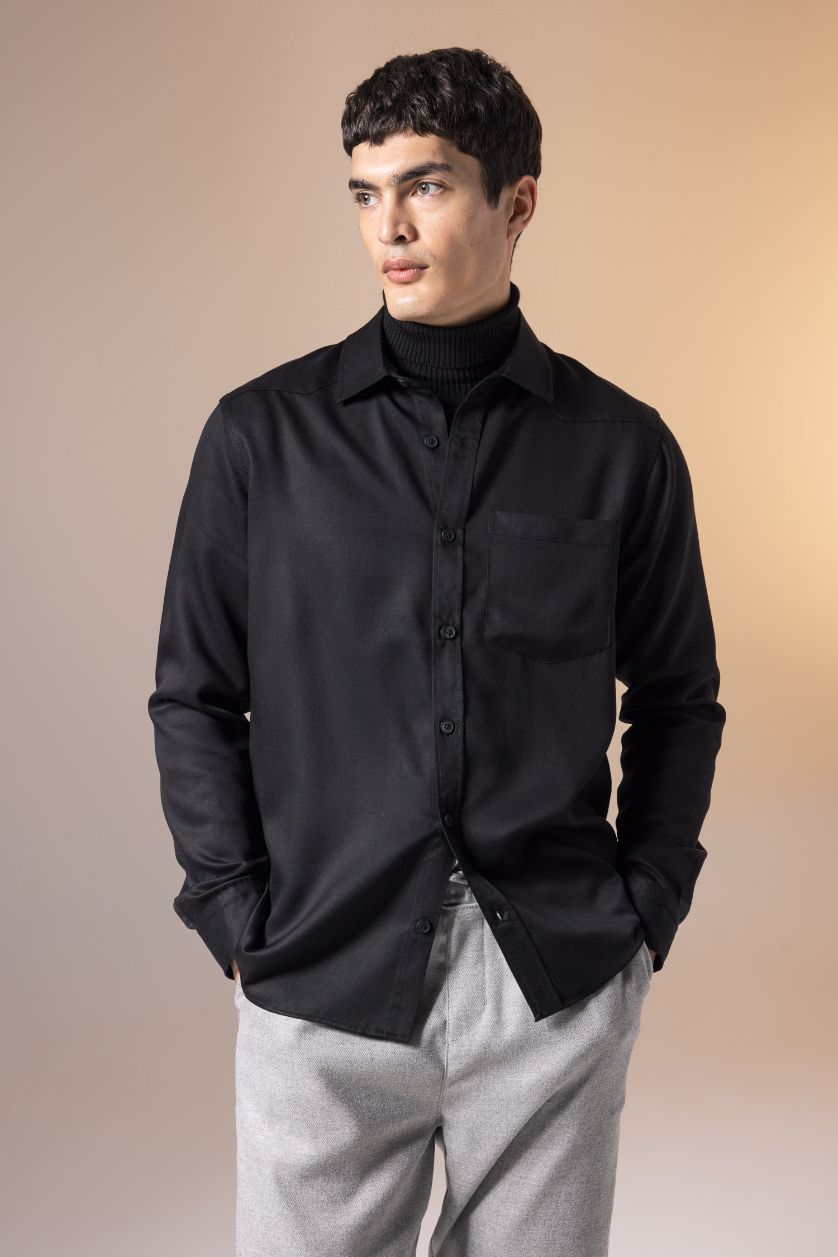 رجالي أسود قميص بولو كم طويل قصة عادية